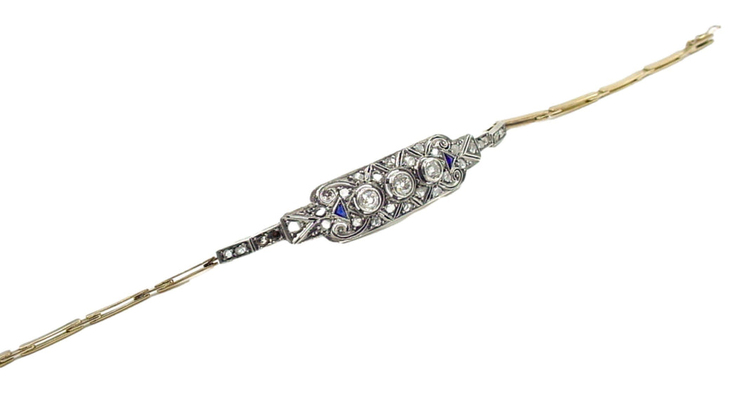 Edwardian OEC Diamond Silver Top Gold Sapphire Strap Bracelet