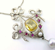 画像をギャラリービューアに読み込む, Lyrical European Belle Époque Citrine Ruby White Gold Lavaliere Ribbon Pendant
