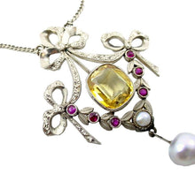 画像をギャラリービューアに読み込む, Lyrical European Belle Époque Citrine Ruby White Gold Lavaliere Ribbon Pendant
