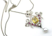 画像をギャラリービューアに読み込む, Lyrical European Belle Époque Citrine Ruby White Gold Lavaliere Ribbon Pendant
