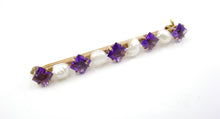 Charger l&#39;image dans la galerie, Lovely Victorian Amethyst Pearl 14k Yellow Gold Bar Brooch Pin
