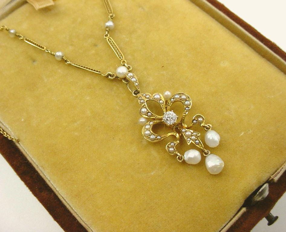 Antique 15k Pearl Diamond Girandole Necklace with Case--John Wanamaker