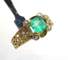 Load image into Gallery viewer, Vintage Step-Cut Emerald Pearl 18k Gold European Engagement Band Ring

