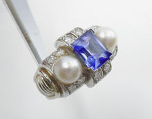 Load image into Gallery viewer, Superb Platinum Diamond Sapphire Pearl Retro Cocktail &quot;Tank&quot; Ring--Stunning~
