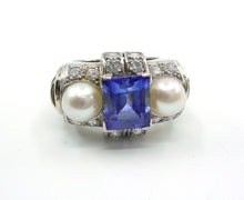 Load image into Gallery viewer, Superb Platinum Diamond Sapphire Pearl Retro Cocktail &quot;Tank&quot; Ring--Stunning~
