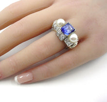Load image into Gallery viewer, Superb Platinum Diamond Sapphire Pearl Retro Cocktail &quot;Tank&quot; Ring--Stunning~
