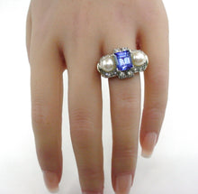 Load image into Gallery viewer, Superb Platinum Diamond Sapphire Pearl Retro Cocktail &quot;Tank&quot; Ring--Stunning~
