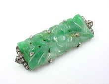Load image into Gallery viewer, Stunning Art Deco Carved Jadeite Diamond  Silver Plaque Brooch
