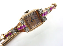 Load image into Gallery viewer, Retro 1940s Helbros Ruby Diamond 14k Rose Gold Bracelet Watch
