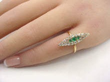 画像をギャラリービューアに読み込む, Antique Emerald Old Mine &amp; European Cut Diamond Navette Gold Cocktail Ring
