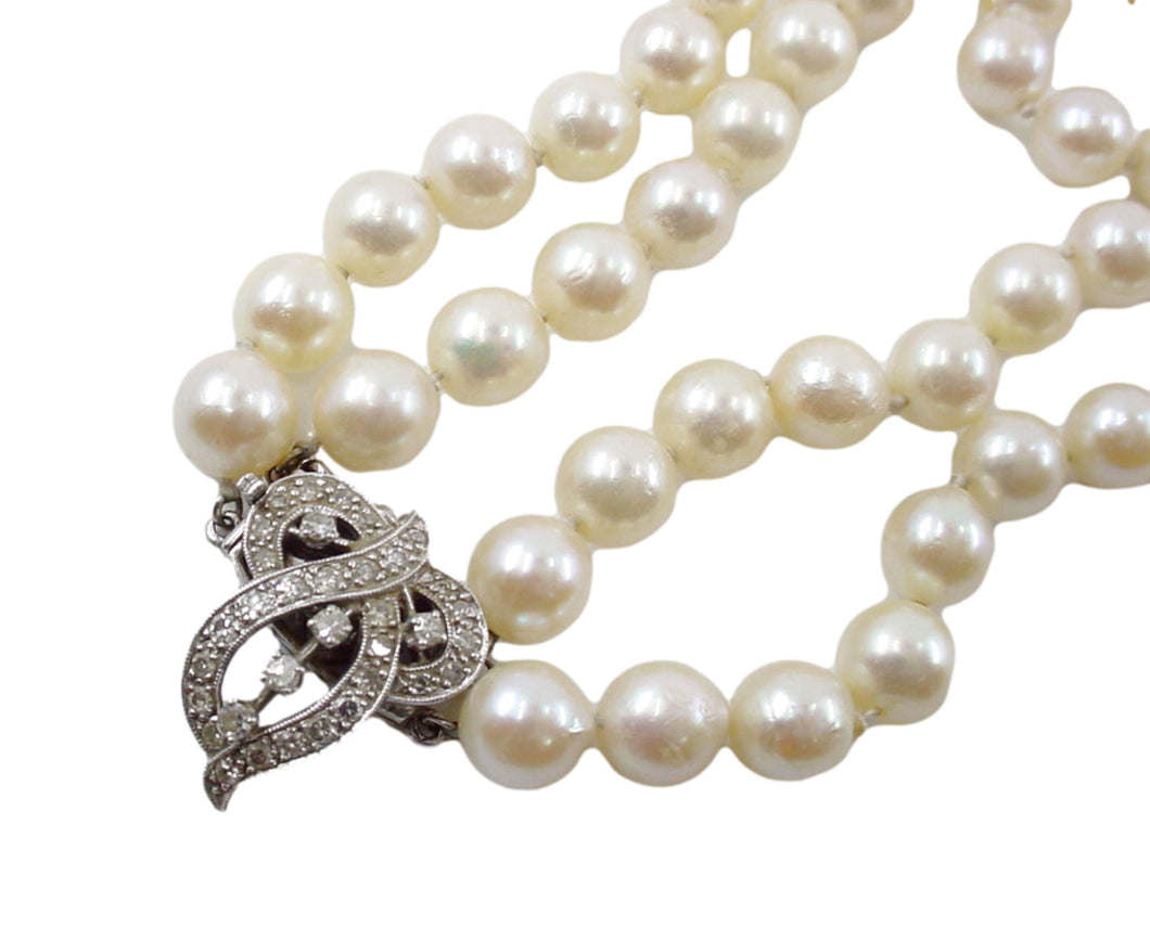 Diamond Cultured Pearl Double Strand 14k White Gold Necklace