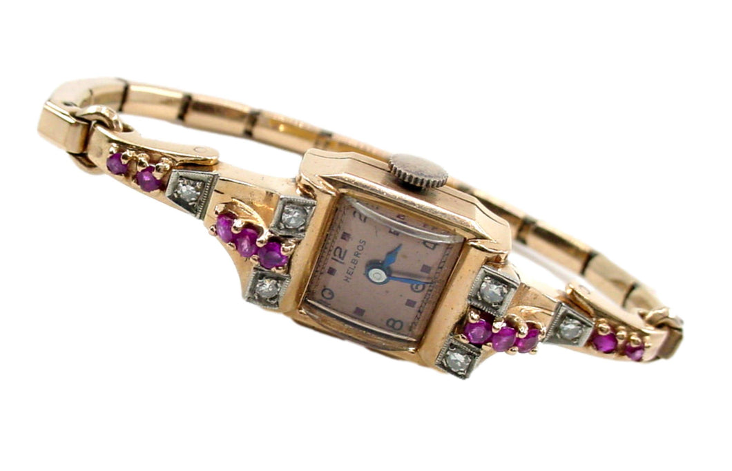 Retro 1940s Helbros Ruby Diamond 14k Rose Gold Bracelet Watch