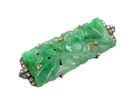 Stunning Art Deco Carved Jadeite Diamond  Silver Plaque Brooch
