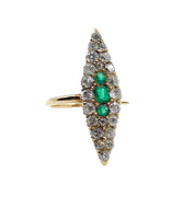 Antique Emerald Old Mine & European Cut Diamond Navette Gold Cocktail Ring