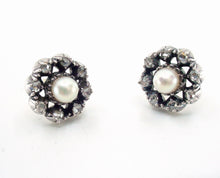 Load image into Gallery viewer, Antique Edwardian Diamond Pearl Halo Silver Top Gold Earrings--European
