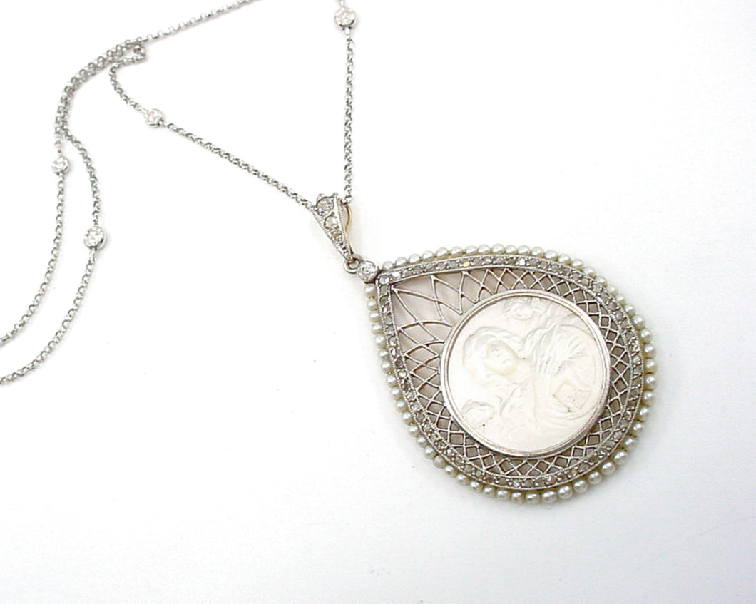 Beautiful Edwardian Platinum Diamond Pearl 14k Pendant Necklace--Angels & Cherub
