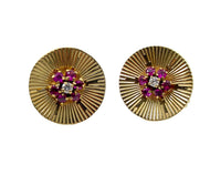 Vintage Retro 1940s Ruby Diamond Fluted Disc 14k Gold Screw-back Earrings