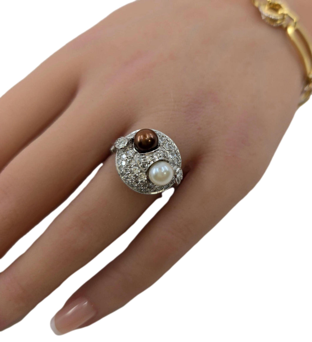 Striking Art Deco Platinum Diamond Bi-color Pearl Engagement Ring--Edward Petri