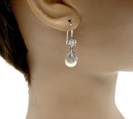 Vintage Diamond Capped Pearl Drop 14k White Gold Earrings