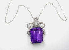 Carica l&#39;immagine nel visualizzatore di Gallery, Stunning Retro 1940s Amethyst Diamond Palladium Pendant Brooch w/ Platinum Chain
