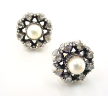 Load image into Gallery viewer, Antique Edwardian Diamond Pearl Halo Silver Top Gold Earrings--European
