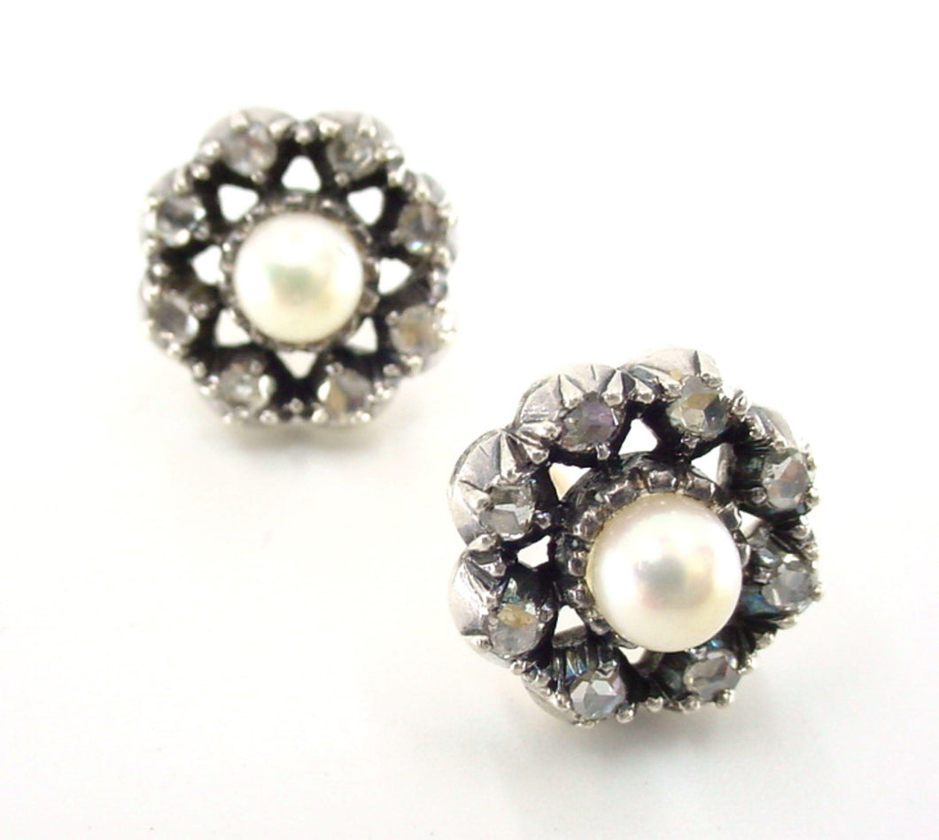 Antique Edwardian Diamond Pearl Halo Silver Top Gold Earrings--European