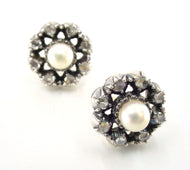 Antique Edwardian Diamond Pearl Halo Silver Top Gold Earrings--European