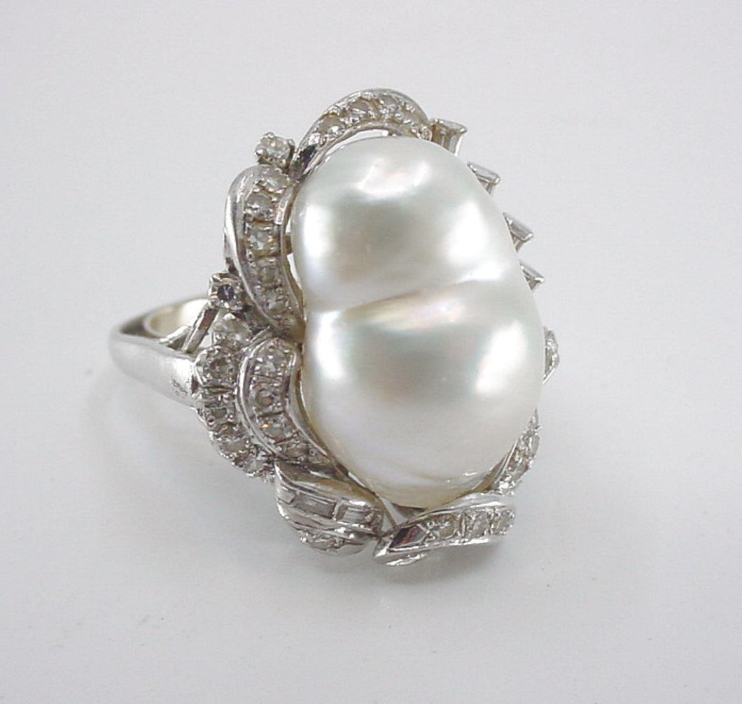 Elegant Platinum Cultured Pearl And Diamond Ring--20 mm