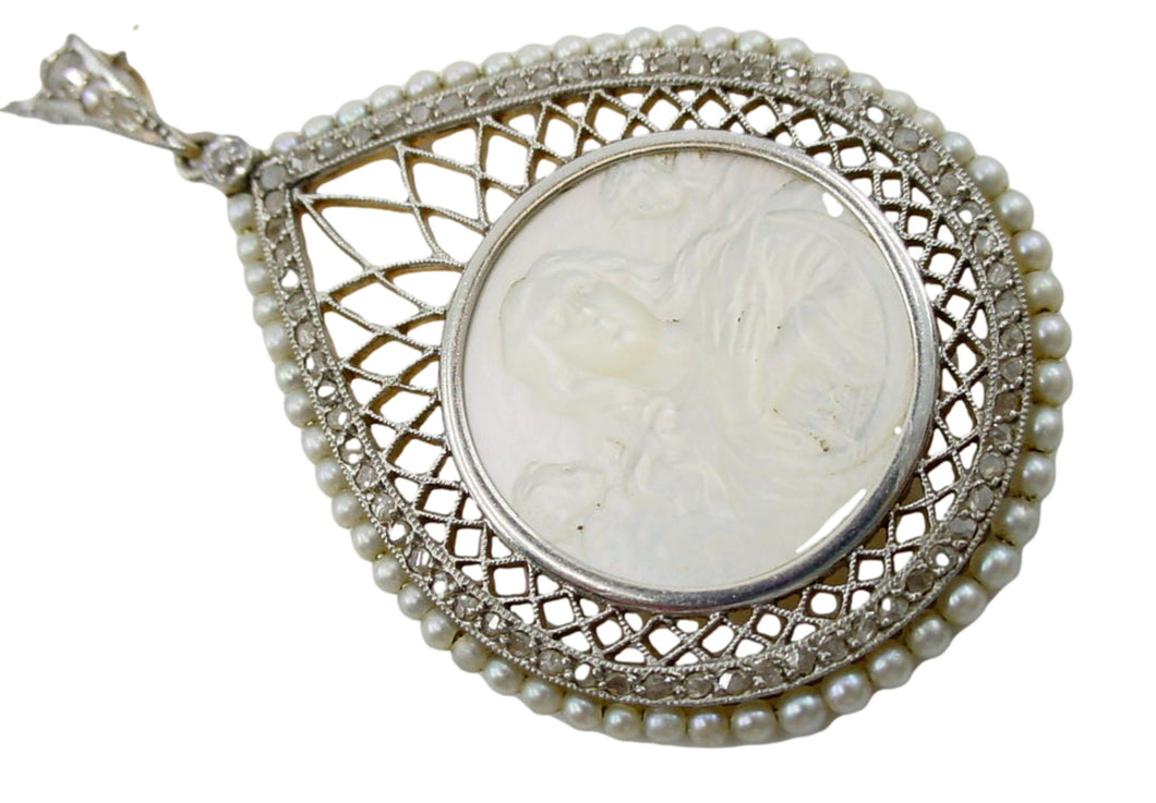 Beautiful Edwardian Platinum Diamond Pearl 14k Pendant Necklace--Angels & Cherub