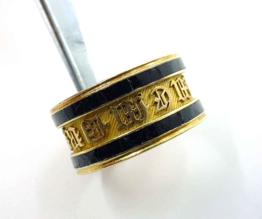 Rare English Georgian Dated 1817 Memento Mori Enamel Gold Band Ring with Sentiment
