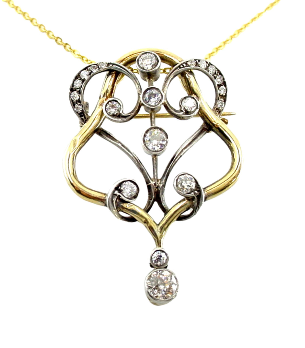 Antique 1.50 Ct Old Cut Diamond Gold Silver Lavaliere Pendant Brooch