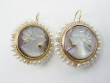 Load image into Gallery viewer, Vintage MOP Carved Cameo Seed Pearl 14k Gold Drop Earrings
