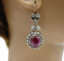 画像をギャラリービューアに読み込む, Romantic Antique European 2.00 Ct. Diamond Ruby Silver Top Gold Halo Earrings
