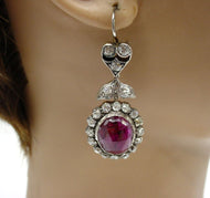 Romantic Antique European 2.00 Ct. Diamond Ruby Silver Top Gold Halo Earrings