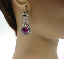 画像をギャラリービューアに読み込む, Romantic Antique European 2.00 Ct. Diamond Ruby Silver Top Gold Halo Earrings
