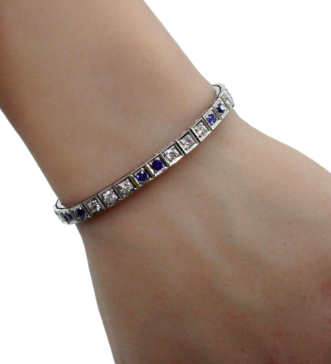 Art Deco Classic Sapphire Diamond 14k Stacking Strap Bracelet-Small wrist