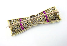 Charger l&#39;image dans la galerie, Petite and Pretty Art Deco Platinum Diamond Ruby Lacy Bow Gold Brooch Pin
