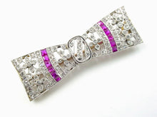 Charger l&#39;image dans la galerie, Petite and Pretty Art Deco Platinum Diamond Ruby Lacy Bow Gold Brooch Pin
