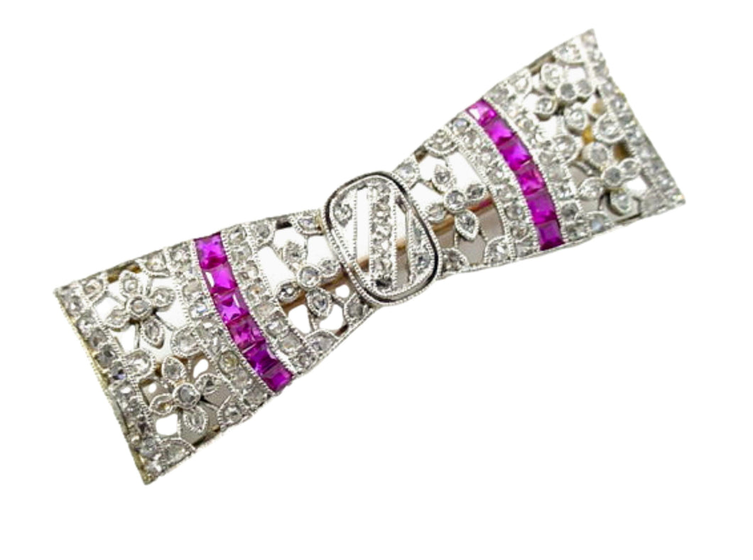 Petite and Pretty Art Deco Platinum Diamond Ruby Lacy Bow Gold Brooch Pin