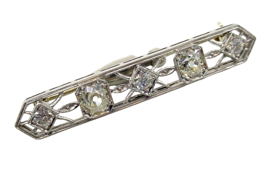 Platinum Antique 1.30 Ct. Old European Cut Diamond Bar Pin Gold Brooch
