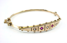 Charger l&#39;image dans la galerie, Antique Victorian English Diamond Ruby 9k Gold Bangle Bracelet--Full Hallmarks
