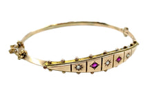 Charger l&#39;image dans la galerie, Antique Victorian English Diamond Ruby 9k Gold Bangle Bracelet--Full Hallmarks
