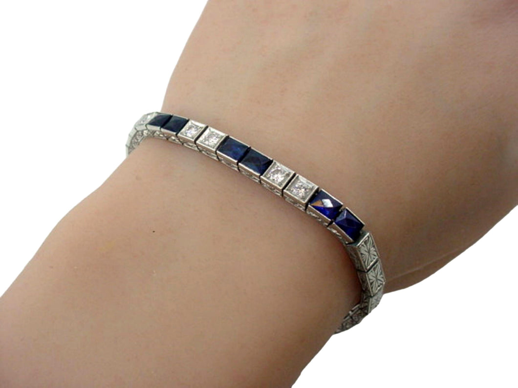 Stunning Art Deco Platinum Diamond Sapphire Strap Straight Line Bracelet