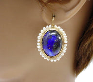 Vibrant Blue Lapis Lazuli Seed Pearl Halo 14k Gold Drop Earrings