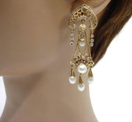 Vintage Antique European Diamond Pearl 14K Yellow Gold Ear Pendant Drop Earrings