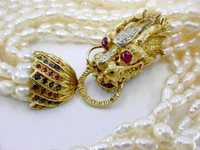 Load image into Gallery viewer, Dramatic Gem Set 14K Gold Dragon Clasp Multi Strand Pearl Torsade Necklace
