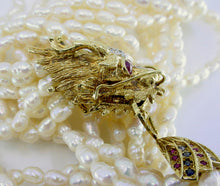 Load image into Gallery viewer, Dramatic Gem Set 14K Gold Dragon Clasp Multi Strand Pearl Torsade Necklace
