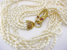 Load image into Gallery viewer, Dramatic Gem Set 14K Gold Dragon Clasp Multi Strand Pearl Torsade Necklace
