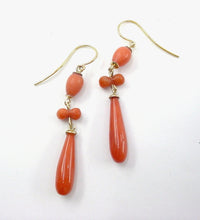 Load image into Gallery viewer, Victorian Antique Carved  Coral 14k Yellow Gold Torpedo Drop Earrings
