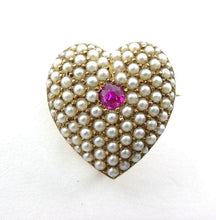 Carica l'immagine nel visualizzatore di Gallery, Coveted Pave Pearl Ruby Heart 14k Gold Charm Pendant Watch Pin Brooch
